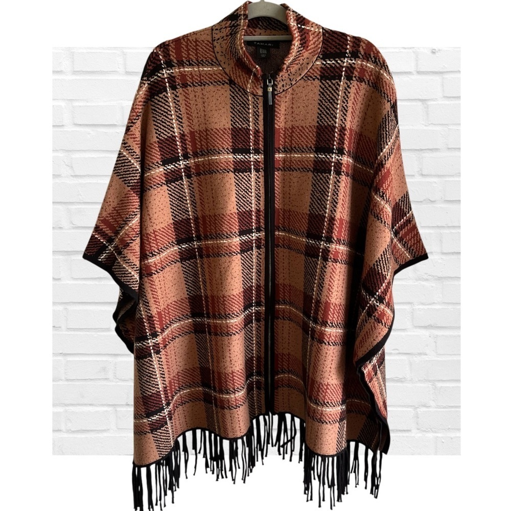 Tahari Plaid Knit Zip-Up Poncho Cape Fringe Brown Black Women’s 2X 3X Plus Size